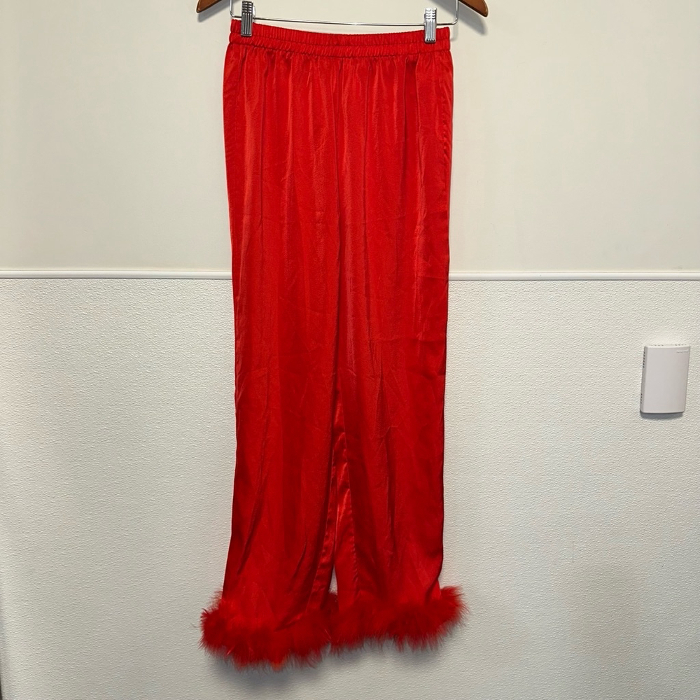 Women's SHEIN Pants Size Medium Red Satin Pajama Pants Loungewear Feather Bottom